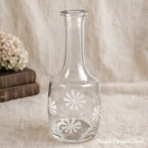 Vintage Pressed Glass Decanter w/ Etched Flowers Shabby Chic Bareware